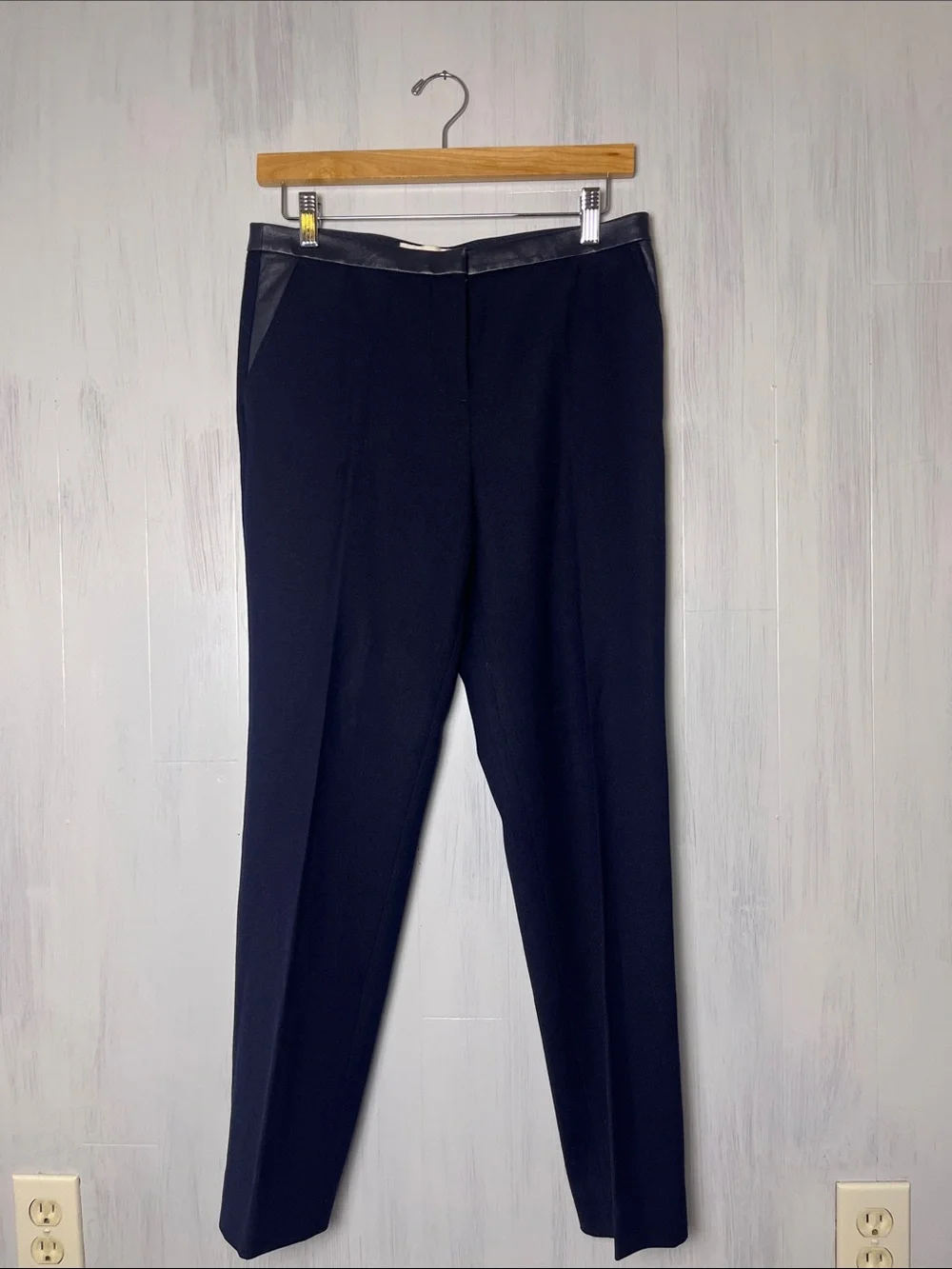 Tory Burch Christy Wool Blend Navy Trouser Pants Lambskin Leather Trim Size 4